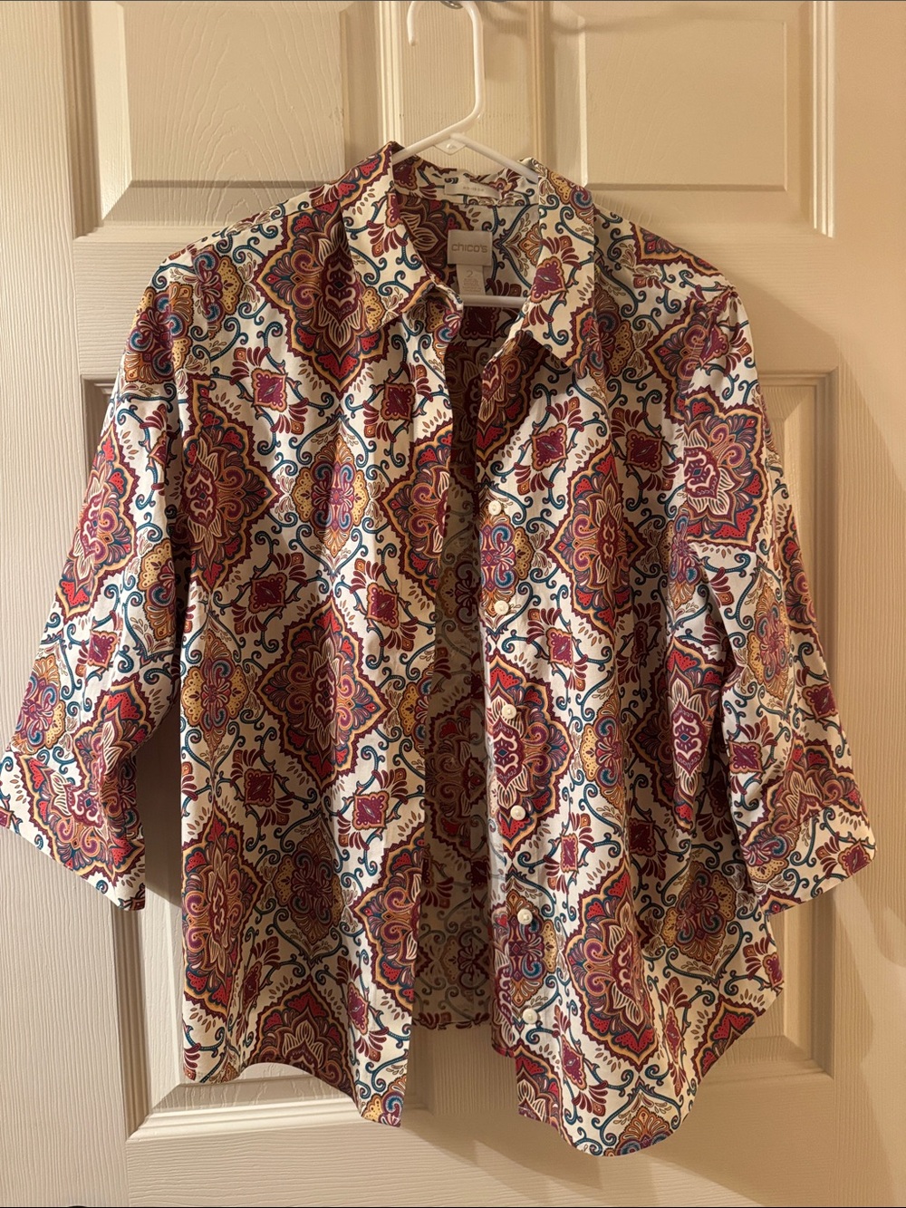 Chico's Cream Paisley Shirt with 3/4 length sleeves. Size 2 no iron